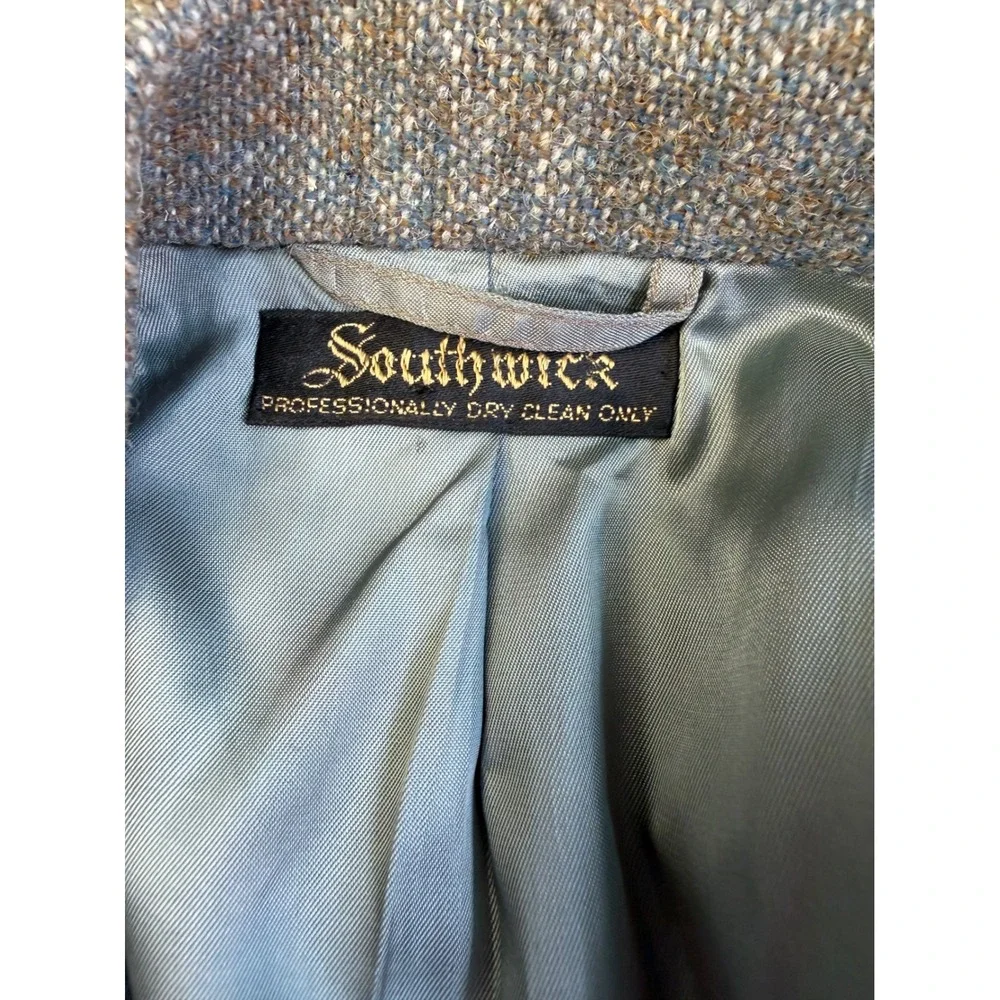 Southwick Vintage Wool Tweed Suit Grey Blue 40R 33W 2pc Blazer Cuffed Pants USA